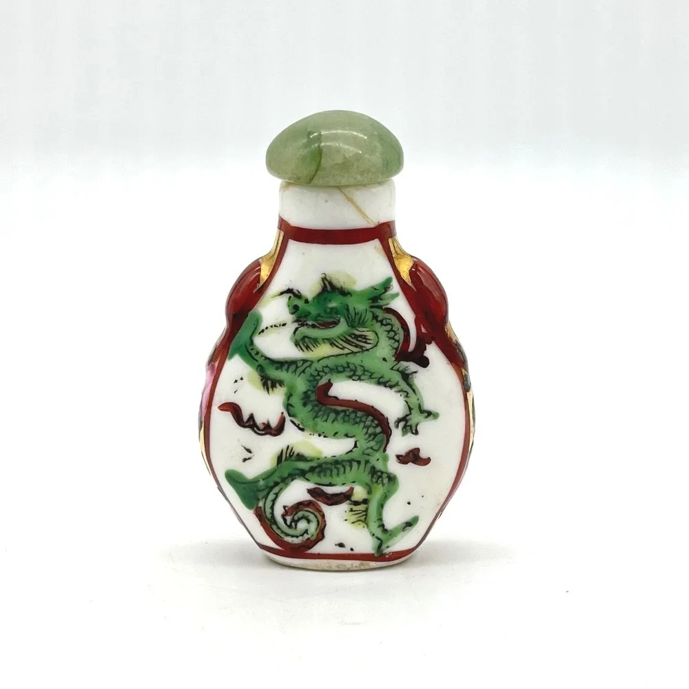 Vintage Ceramic Snuff‎ Bottle Green Dragon Jade Stopper Collectible Asian Art